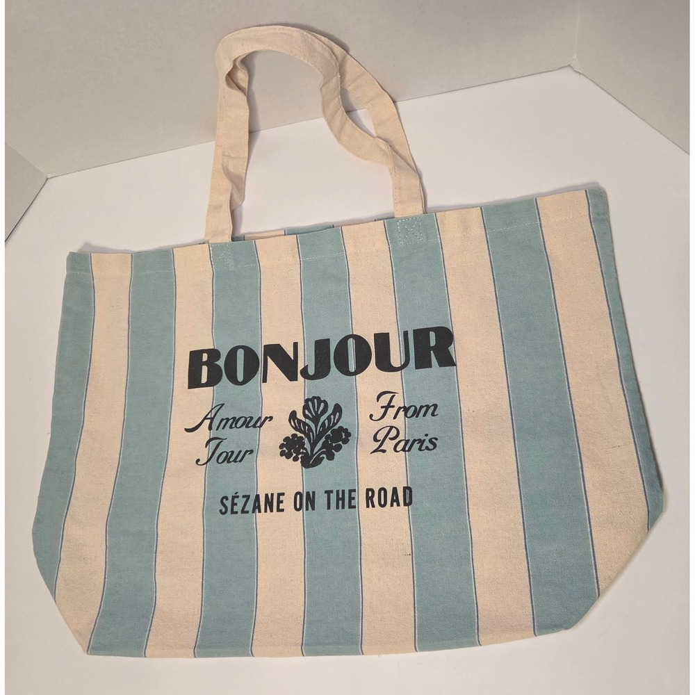 Sezane Bonjour From Paris Striped Cotton Canvas Tote Bag Blue Cream Limited Ed